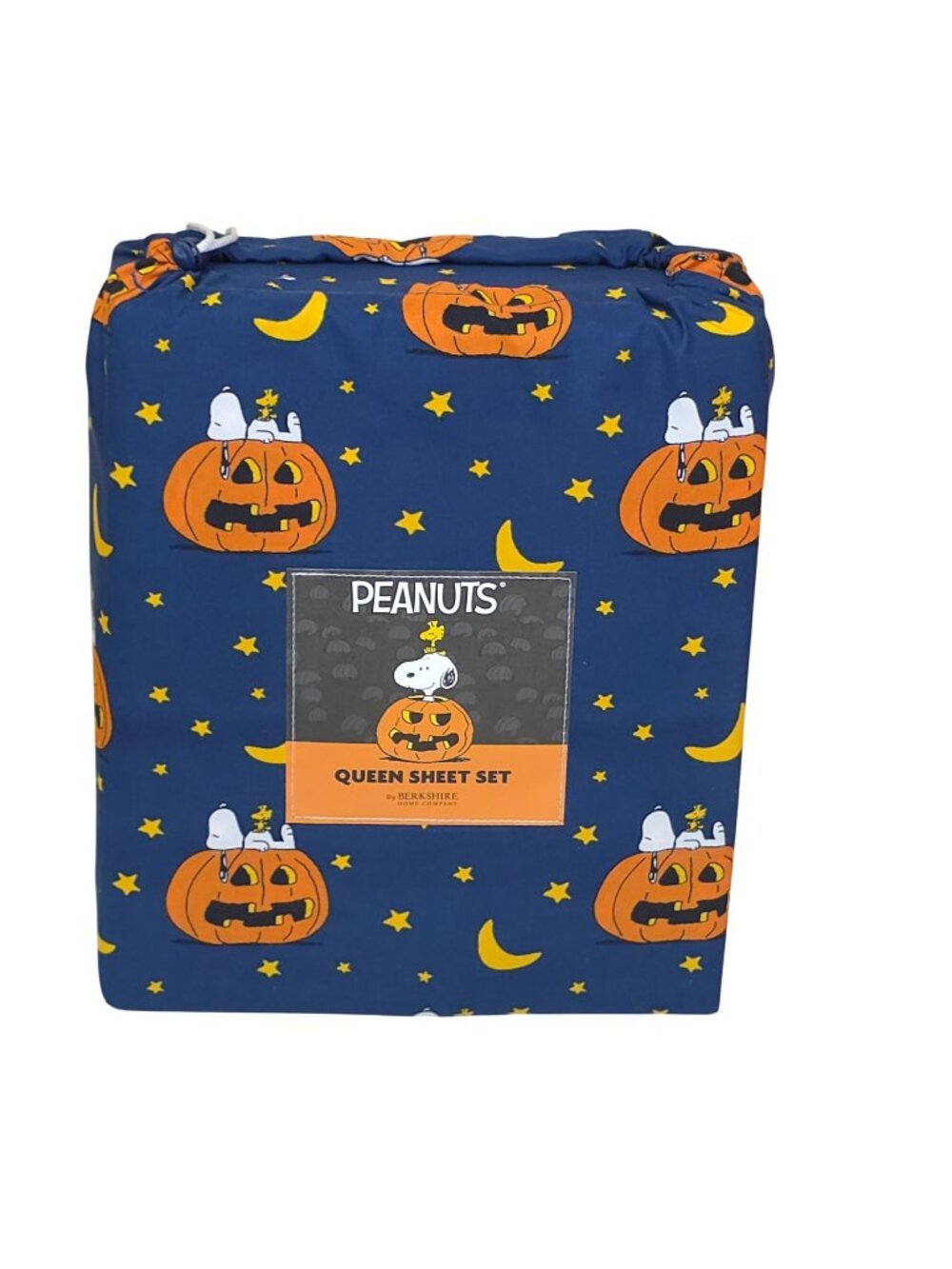 Peanuts Queen Sheet Set Snoopy Halloween By Berkshire Navy w/ Orange Pumpkins